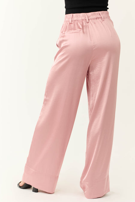 Dusty Blush Satin High Waist Wide Leg Pants