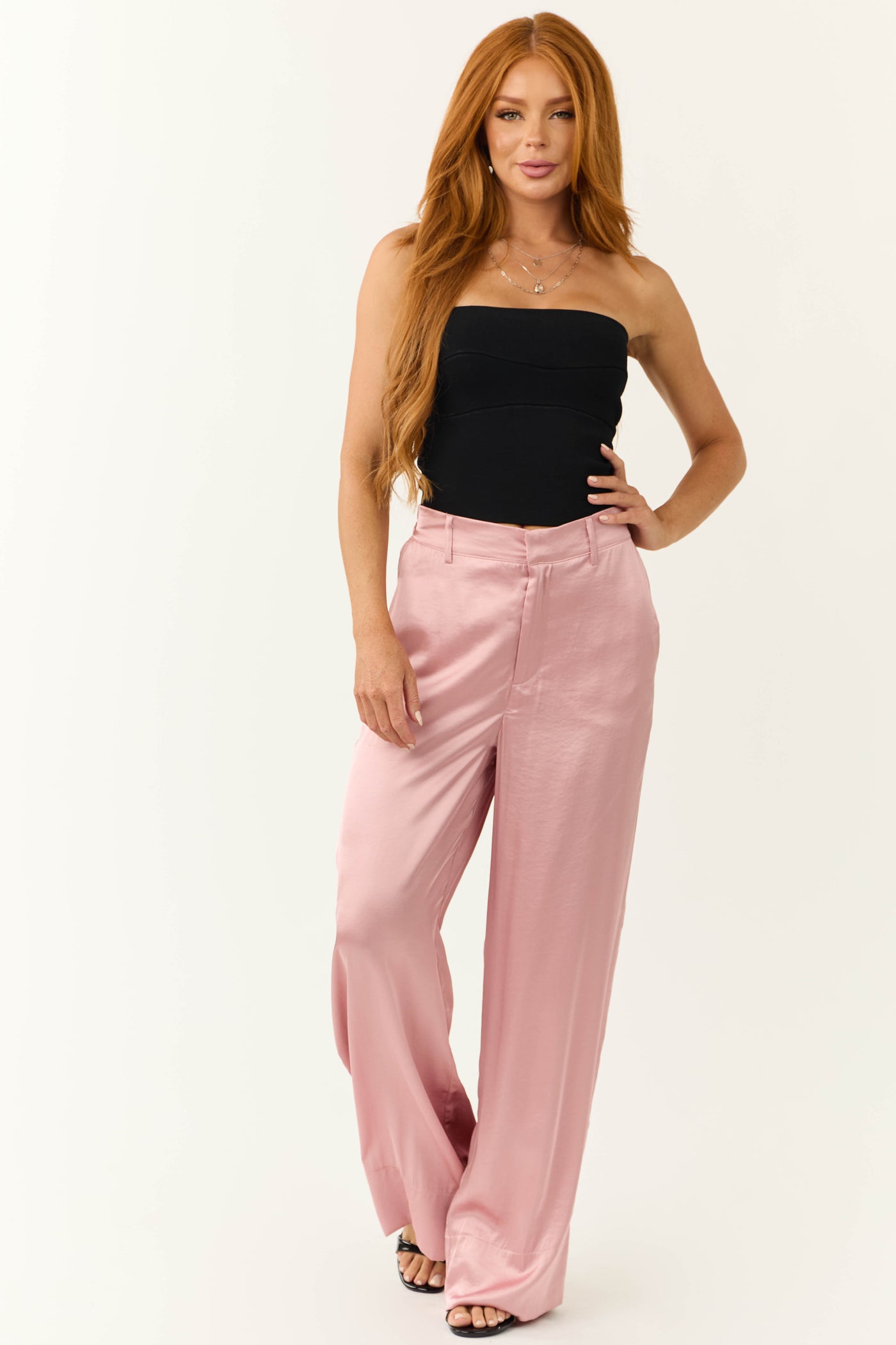 Dusty Blush Satin High Waist Wide Leg Pants