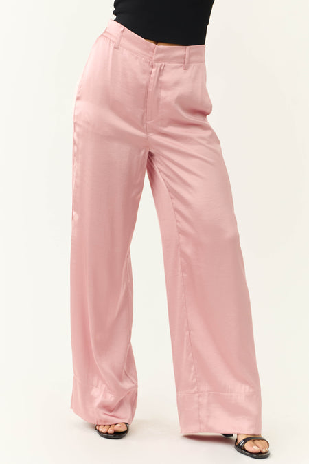 Dusty Blush Satin High Waist Wide Leg Pants