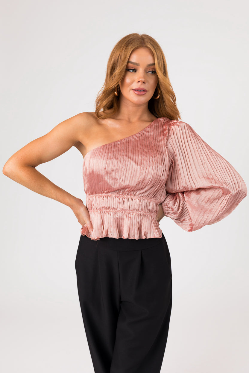 Dusty Blush Sheen Pleated One Shoulder Blouse