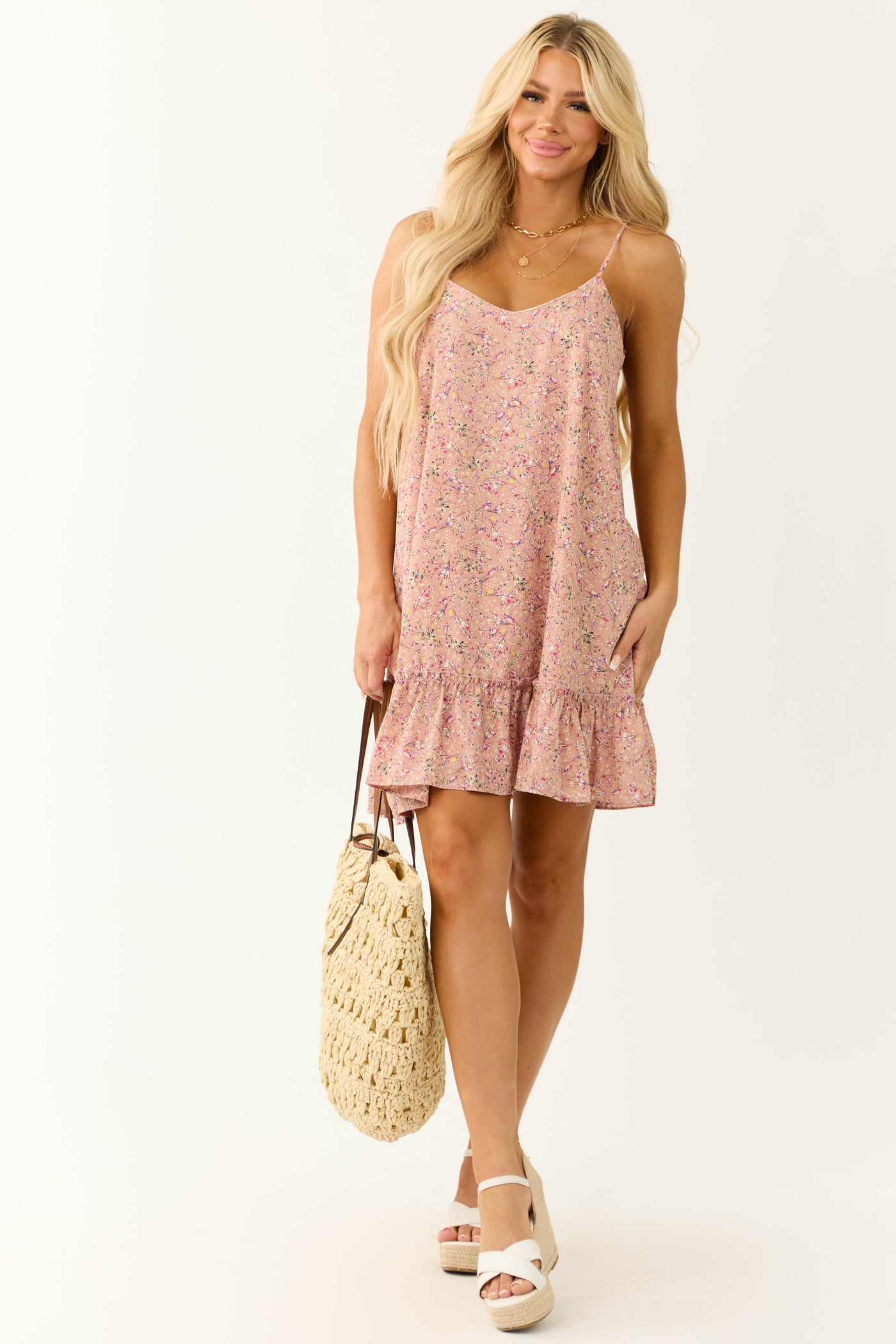 Dusty Blush Sleeveless Floral Print Mini Dress