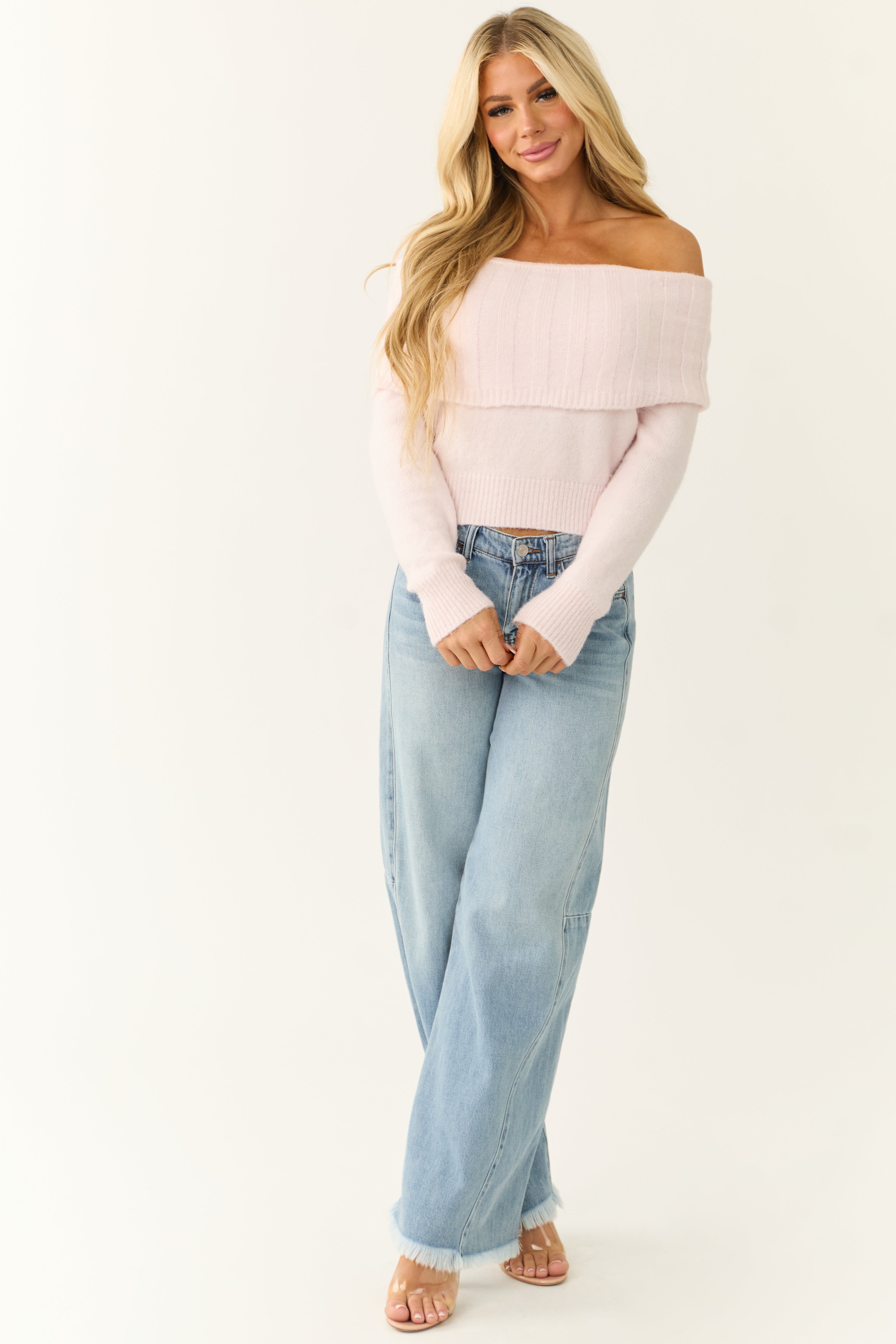 Dusty Blush Soft Off Shoulder Neckline Sweater