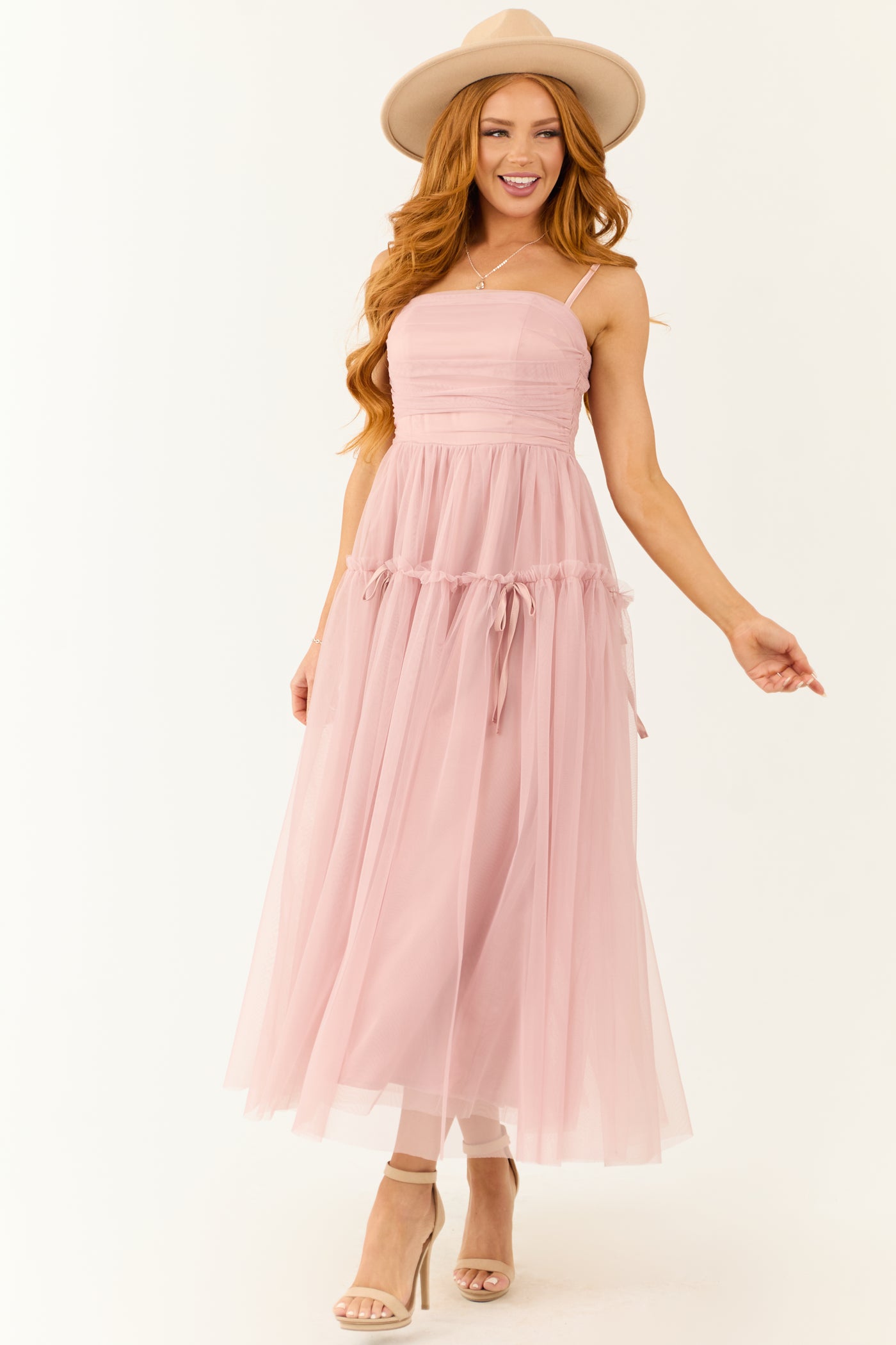 Dusty Blush Square Neck Ruched Maxi Dress