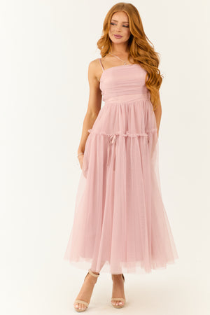 Dusty Blush Square Neck Ruched Maxi Dress