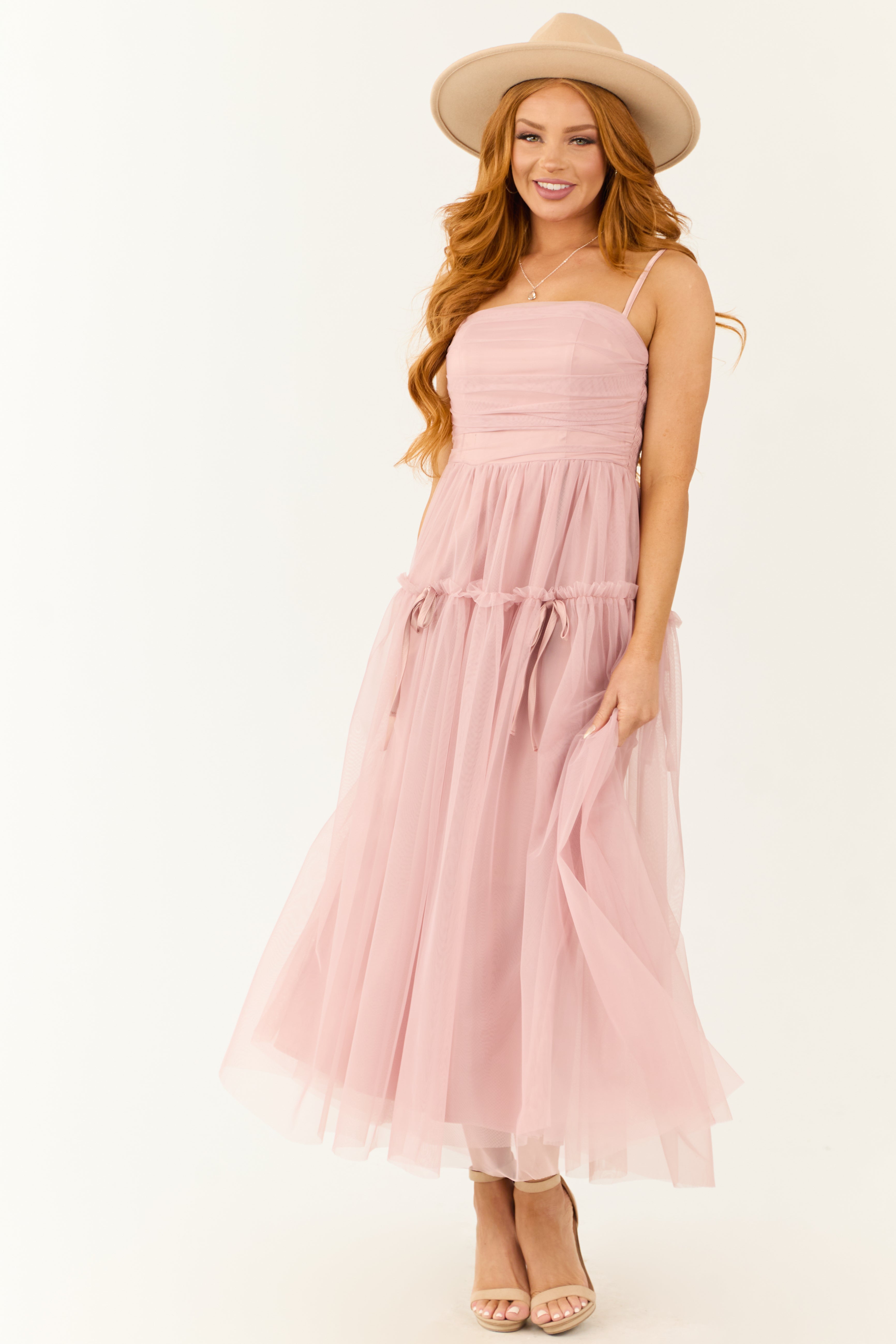 Dusty Blush Square Neck Ruched Maxi Dress