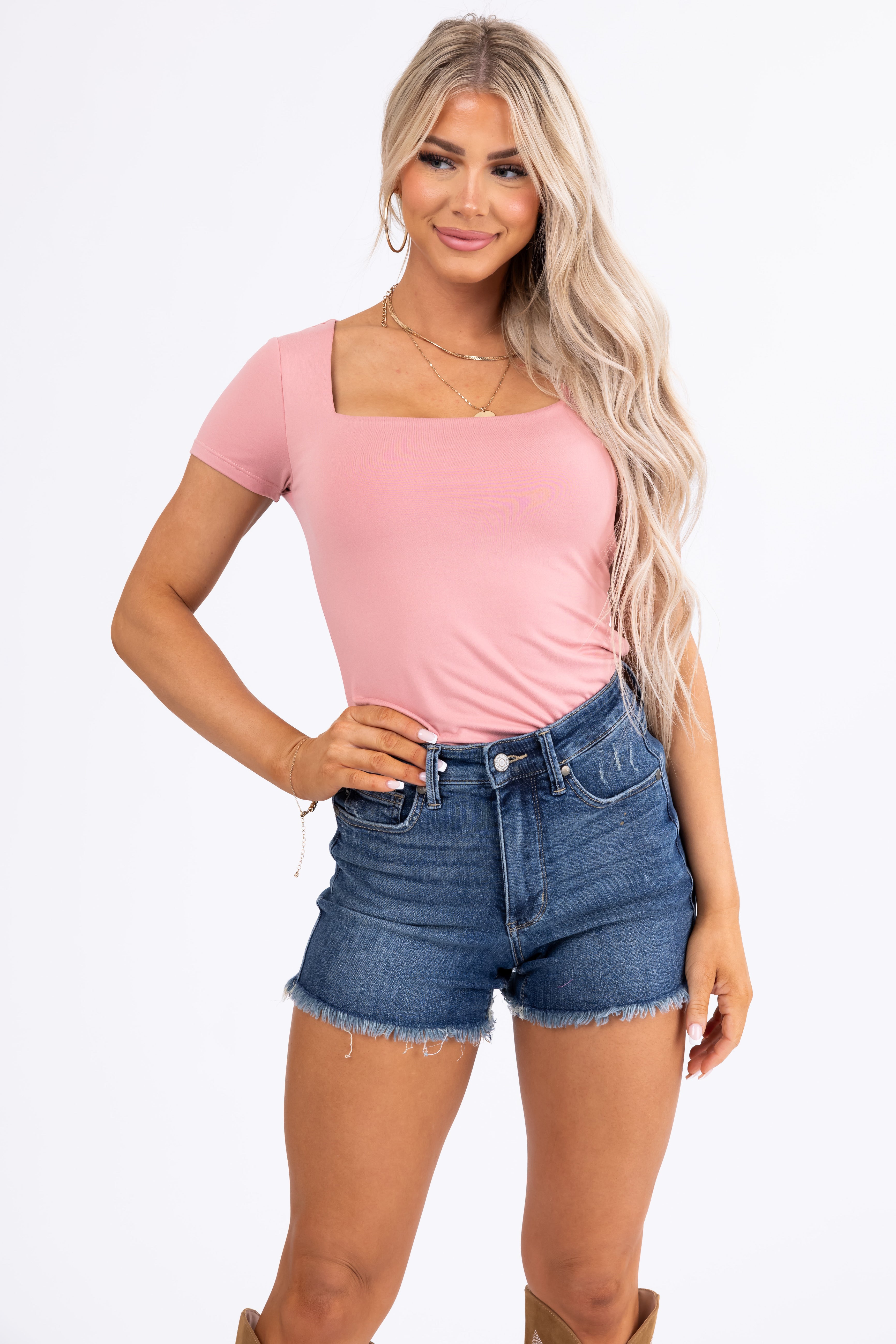 Dusty Blush Square Neck Short Sleeve Basic Top