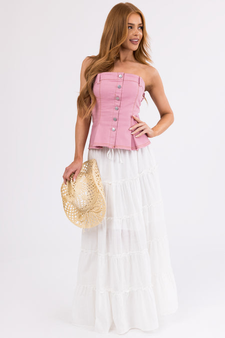 Dusty Blush Strapless Denim Button Corset Top