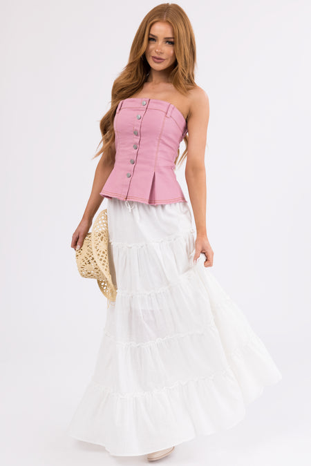 Dusty Blush Strapless Denim Button Corset Top