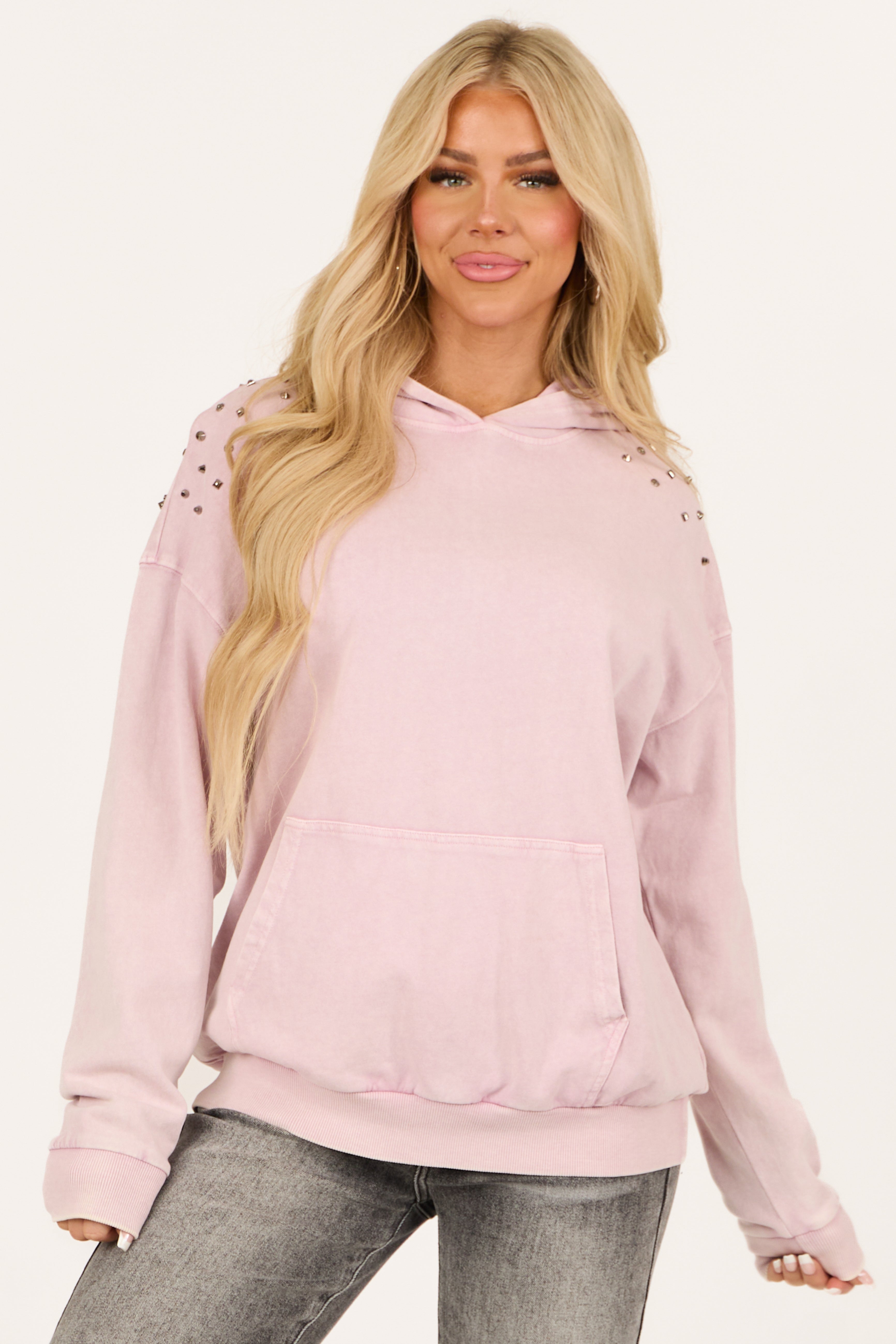 Dusty Blush Stud Detail Mineral Wash Hoodie