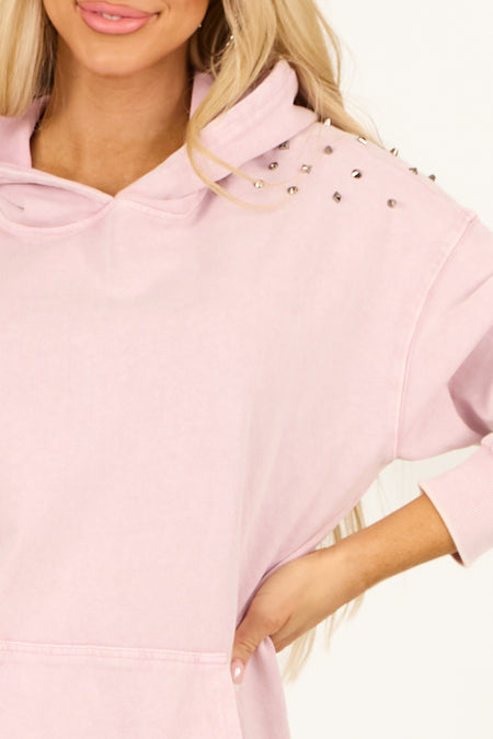 Dusty Blush Stud Detail Mineral Wash Hoodie