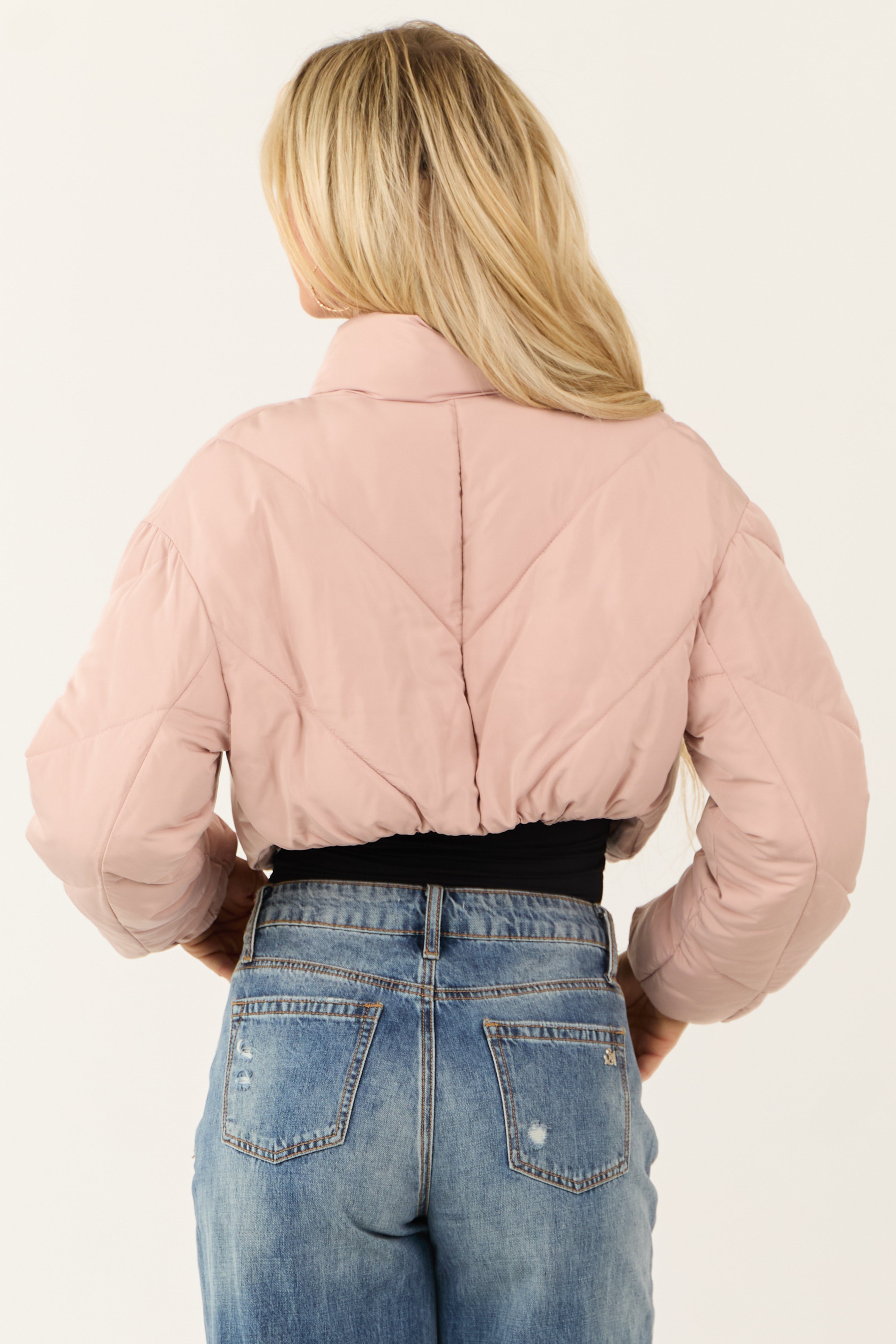 Dusty Blush Super Cropped Zip Up Puffer Jacket