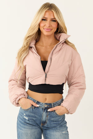 Dusty Blush Super Cropped Zip Up Puffer Jacket