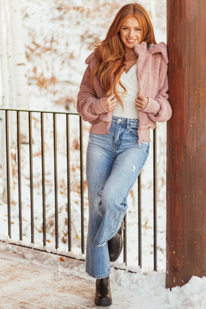 Dusty Blush Teddy Bomber Jacket with Removable Hood