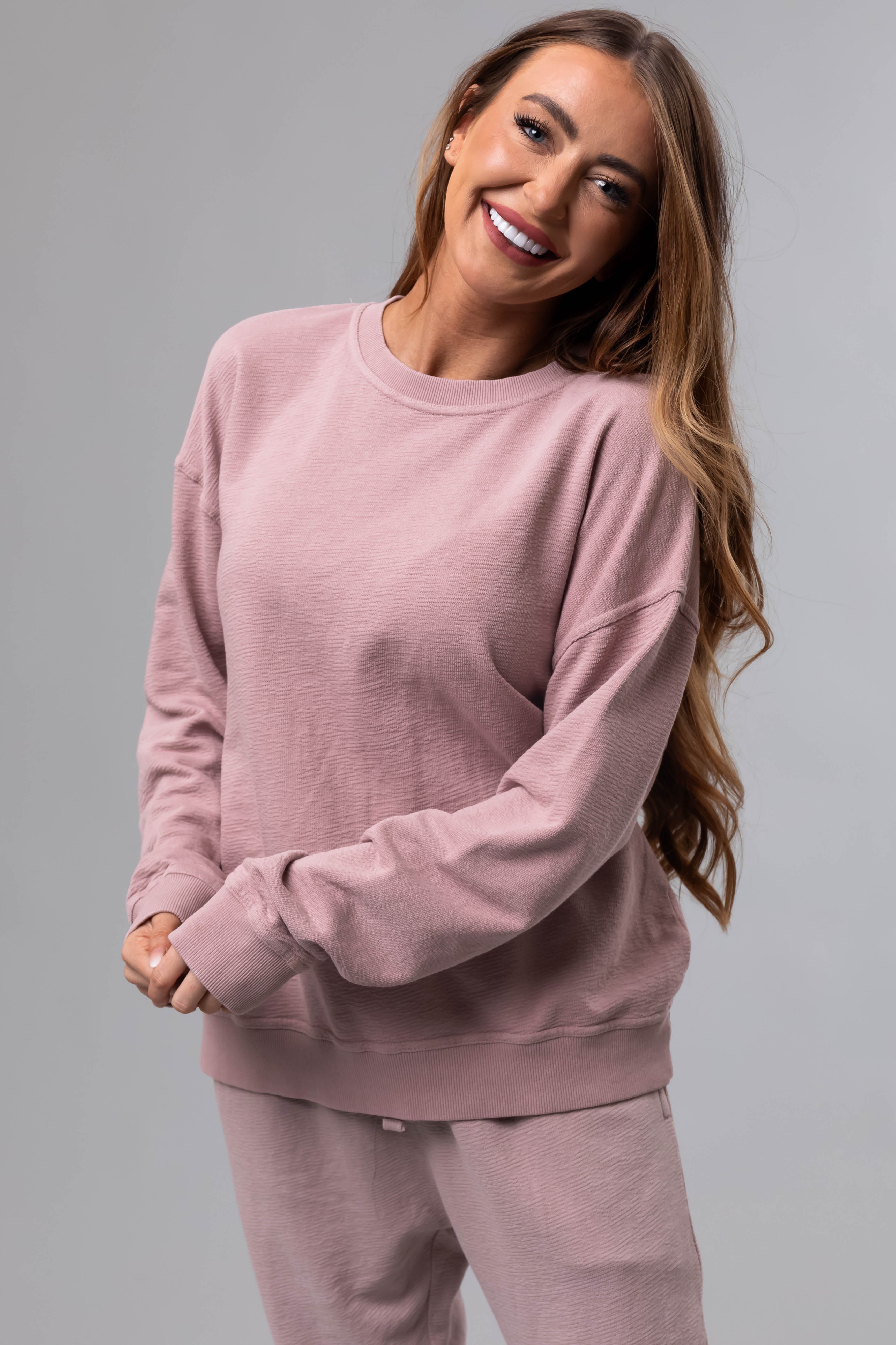 Dusty Blush Textured Cotton Crew Neck Sweatshirt