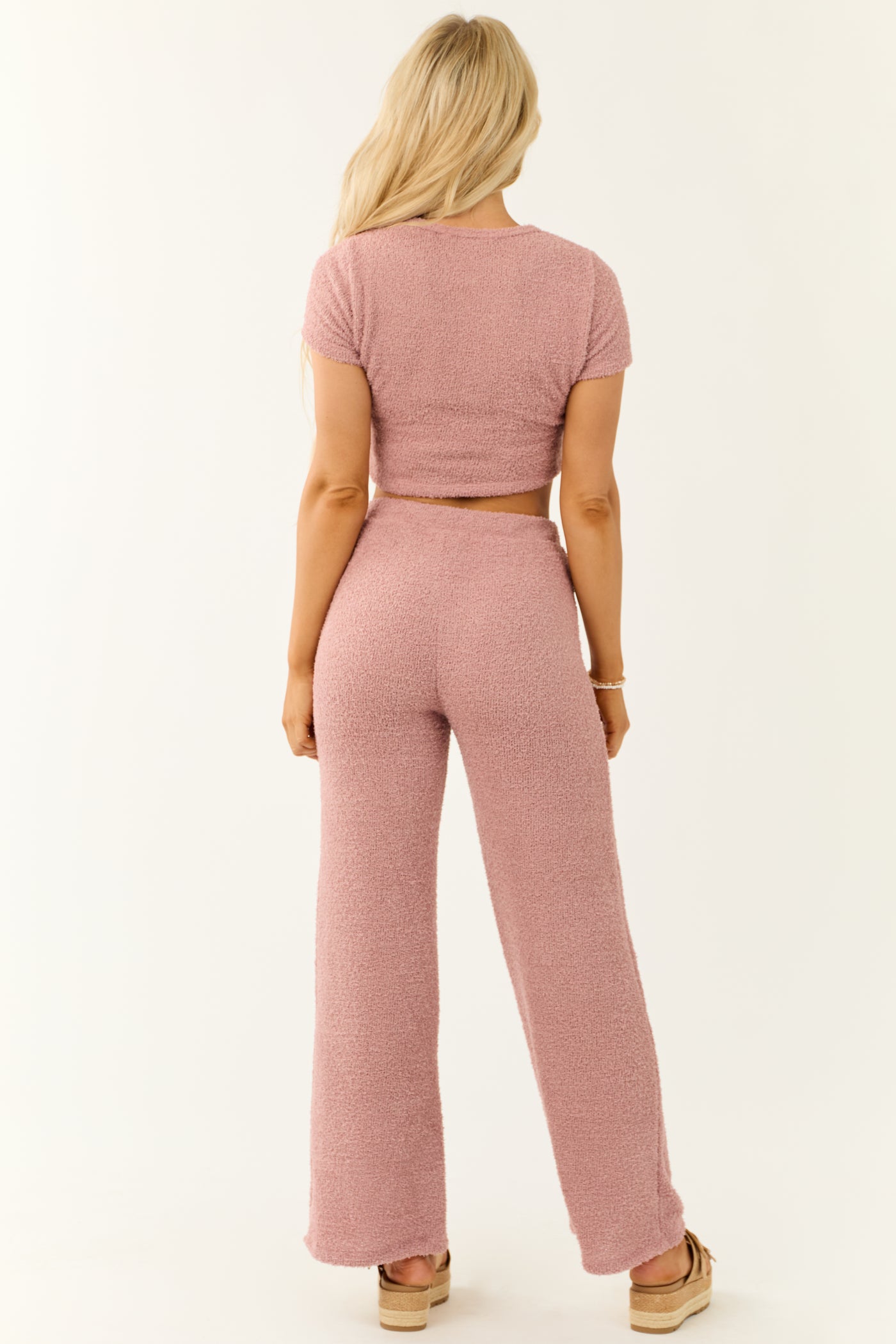 Dusty Blush Textured Crop Top and Pants Set