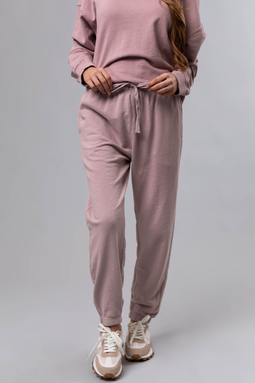 Dusty Blush Textured Knit Drawstring Joggers