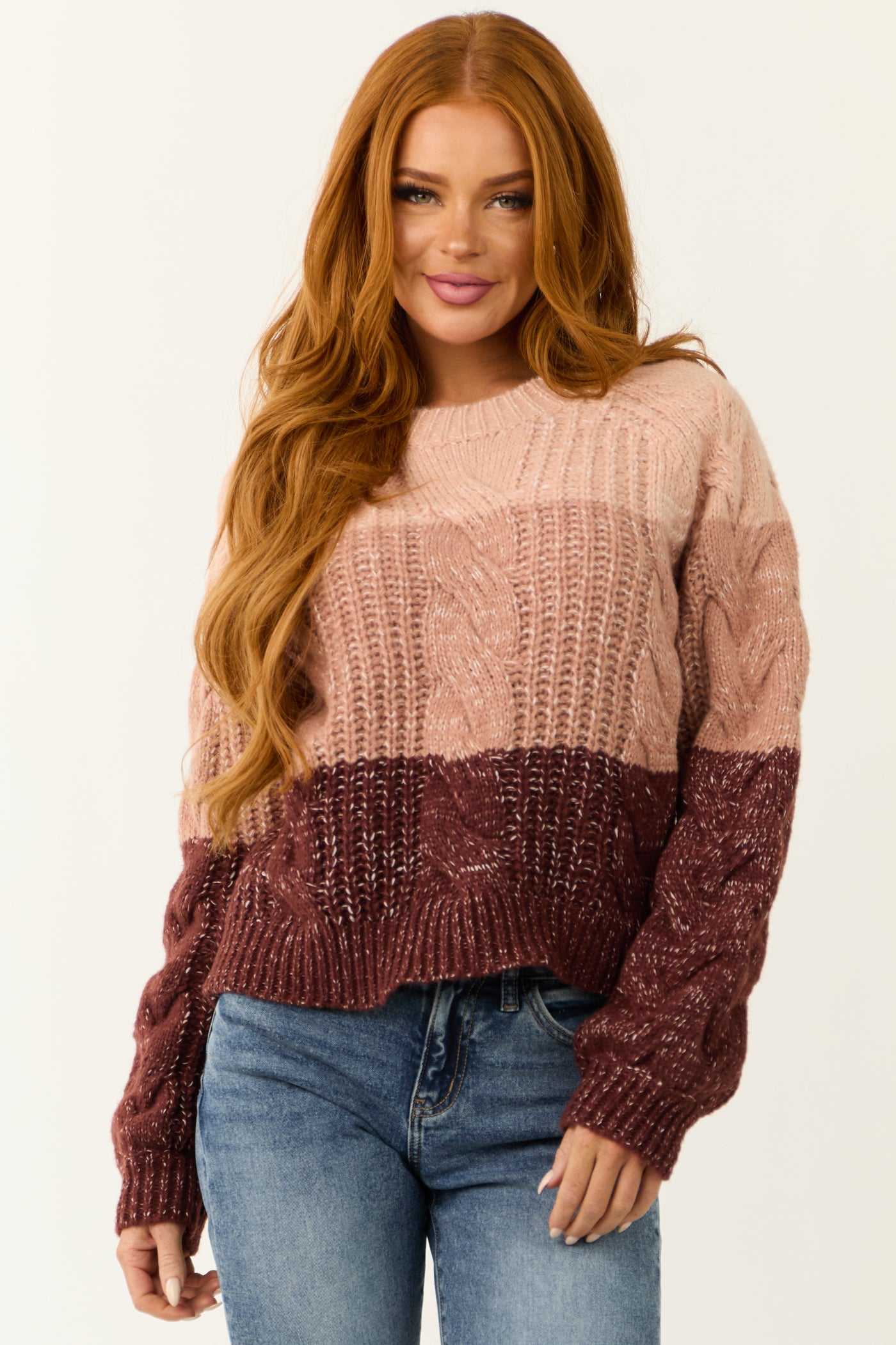 Dusty Blush and Eggplant Colorblock Sweater