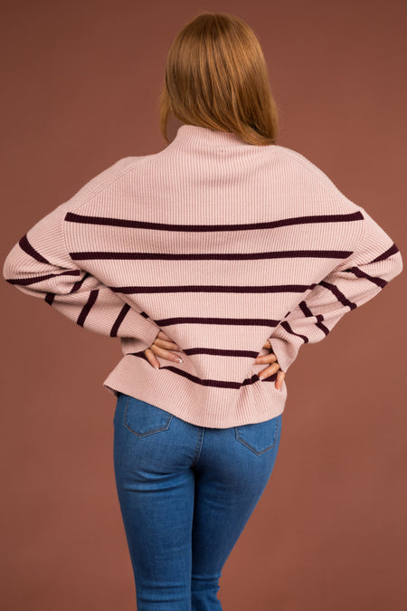 Dusty Blush and Eggplant Stripped Knit Sweater