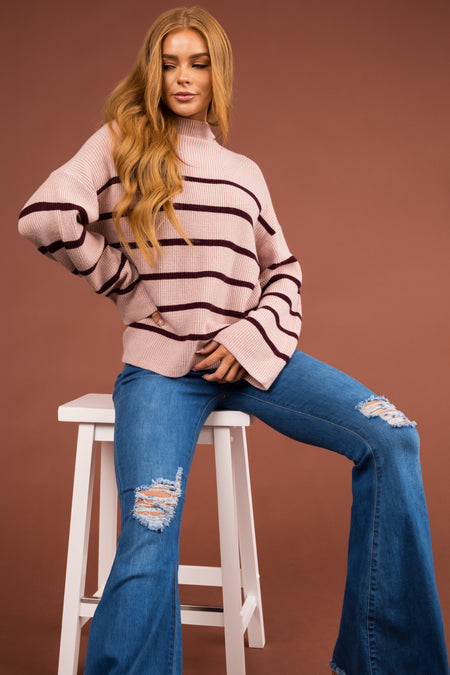 Dusty Blush and Eggplant Stripped Knit Sweater