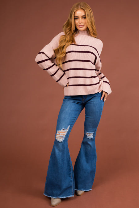 Dusty Blush and Eggplant Stripped Knit Sweater