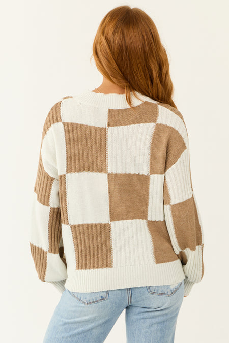 Dusty Cognac and Ivory Checkered High Neck Sweater