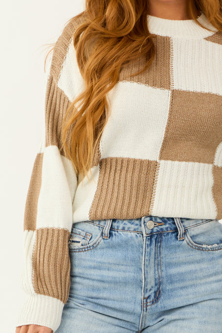 Dusty Cognac and Ivory Checkered High Neck Sweater