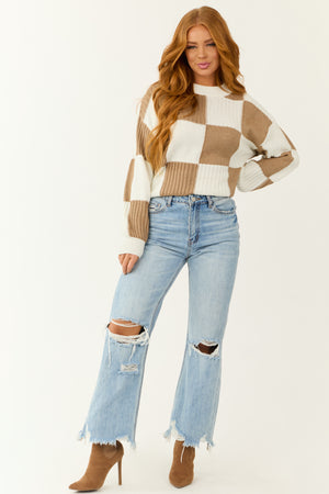 Dusty Cognac and Ivory Checkered High Neck Sweater