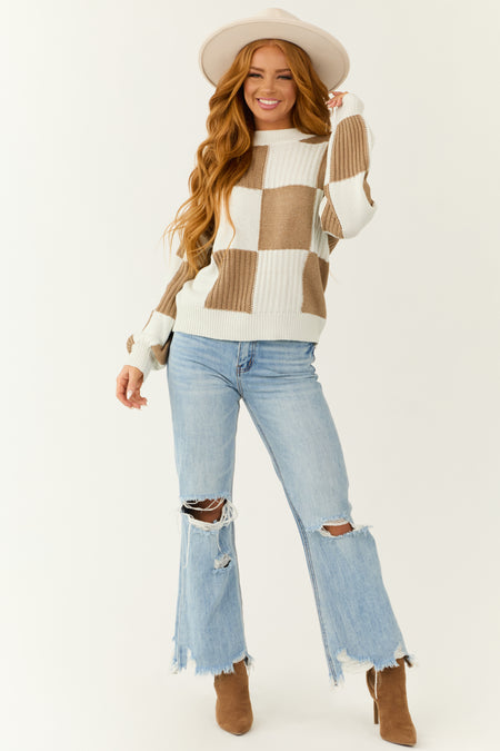 Dusty Cognac and Ivory Checkered High Neck Sweater