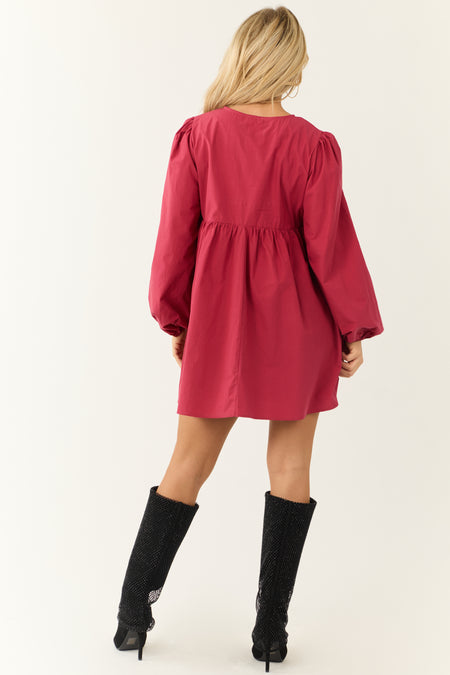 Dusty Crimson Poplin Long Sleeve Short Dress