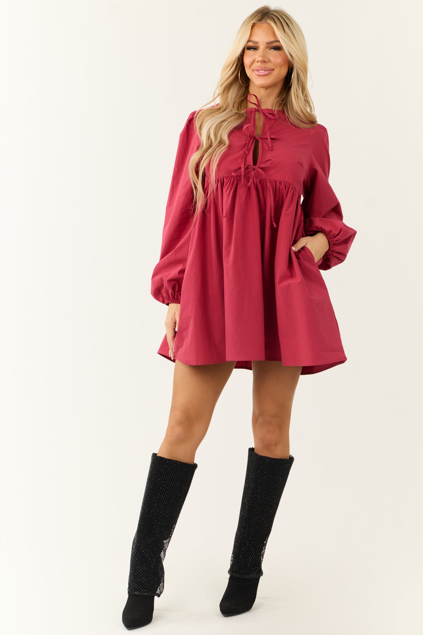 Dusty Crimson Poplin Long Sleeve Short Dress