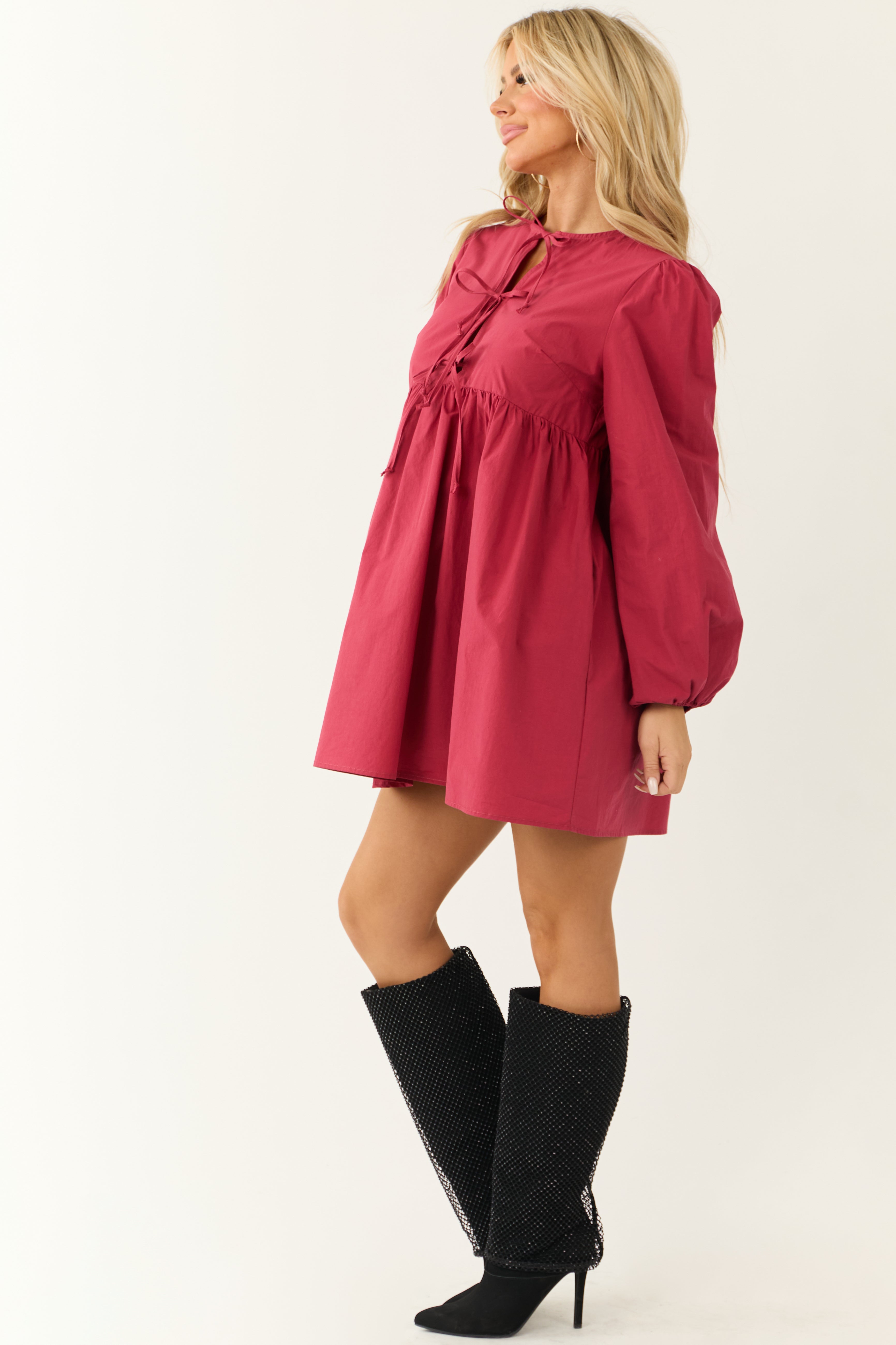 Dusty Crimson Poplin Long Sleeve Short Dress