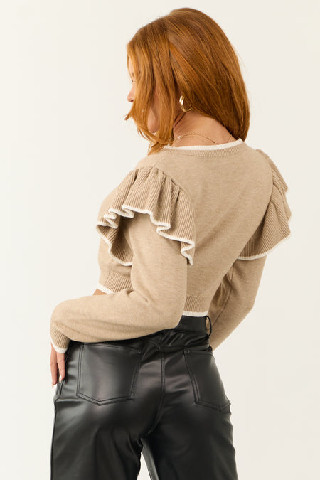 Dusty Latte Ruffle Shoulder Cropped Sweater