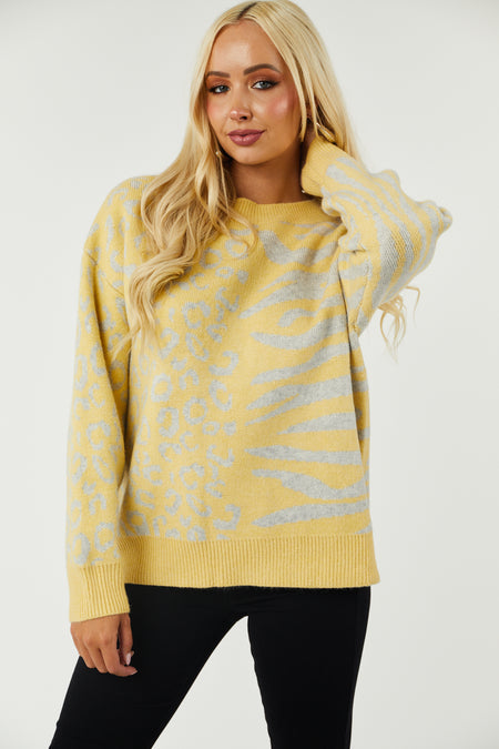 Dusty Lemon Leopard and Zebra Long Sleeve Sweater