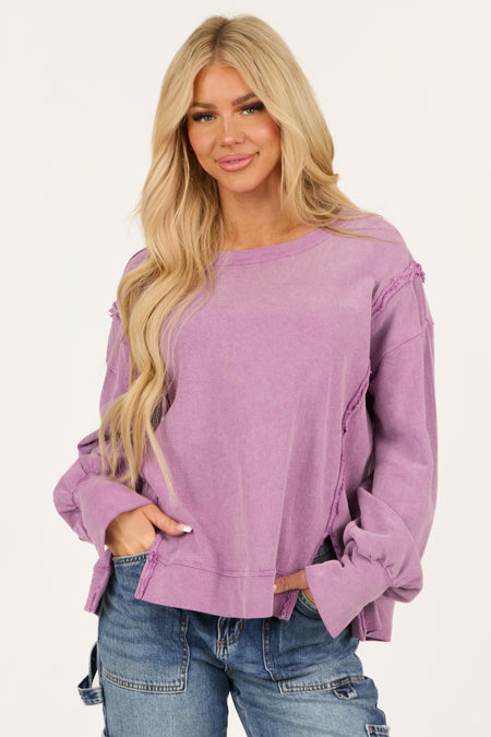 Dusty Lilac Mineral Wash Rib Knit Long Sleeve Top