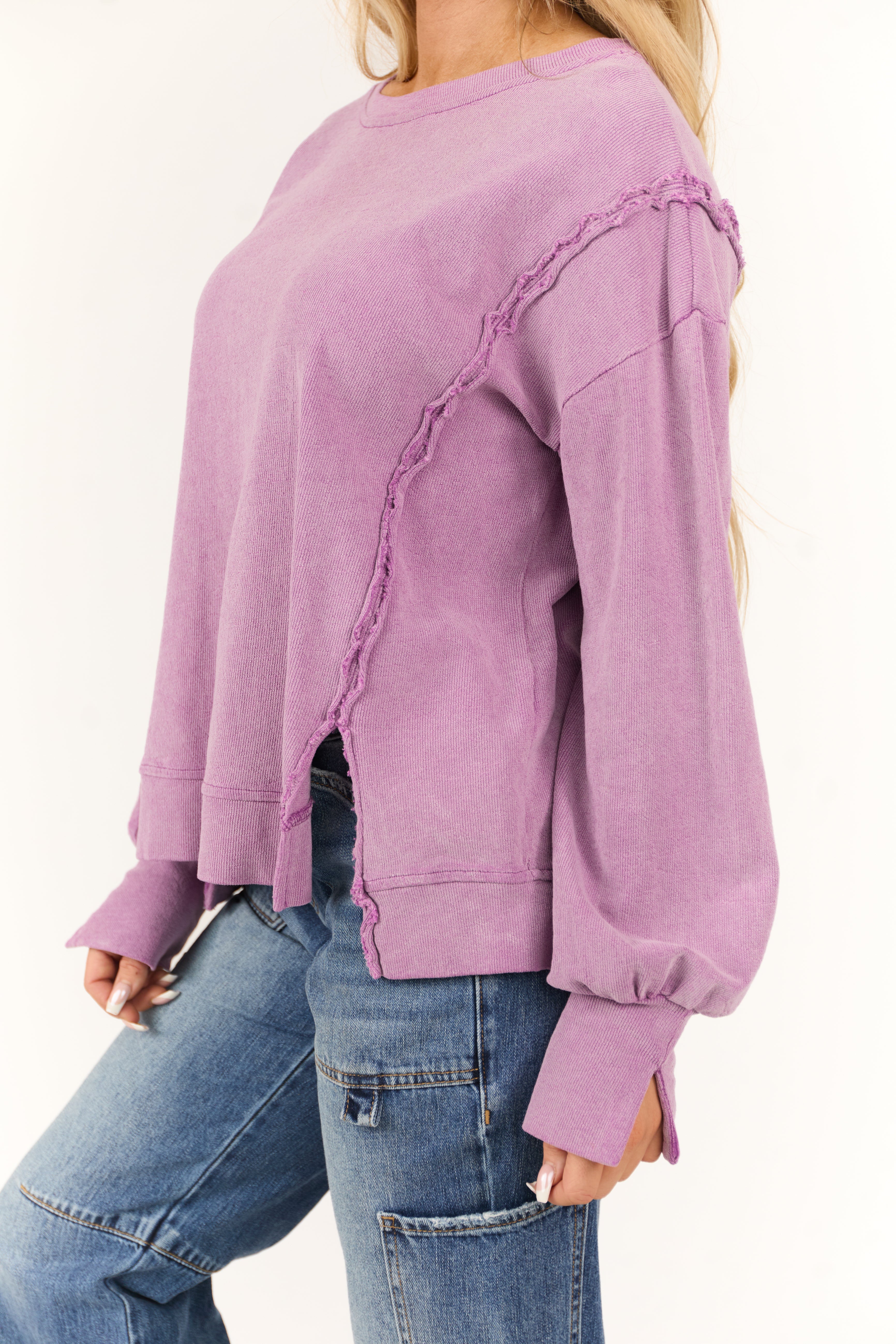 Dusty Lilac Mineral Wash Rib Knit Long Sleeve Top