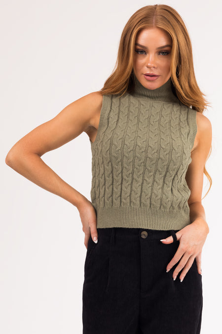 Dusty Olive Mock Neck Cable Knit Tank Top