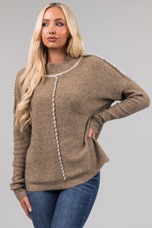 Dusty Olive Mock Neck Stitching Detail Sweater