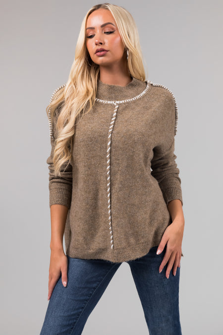 Dusty Olive Mock Neck Stitching Detail Sweater