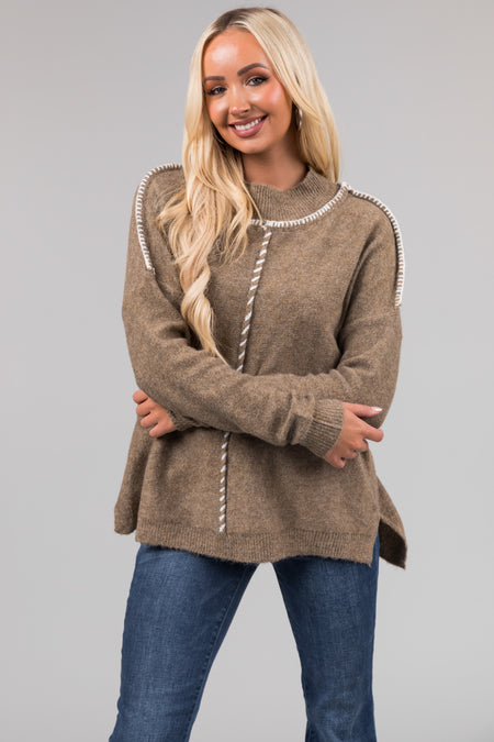 Dusty Olive Mock Neck Stitching Detail Sweater