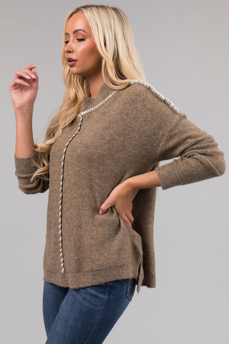 Dusty Olive Mock Neck Stitching Detail Sweater