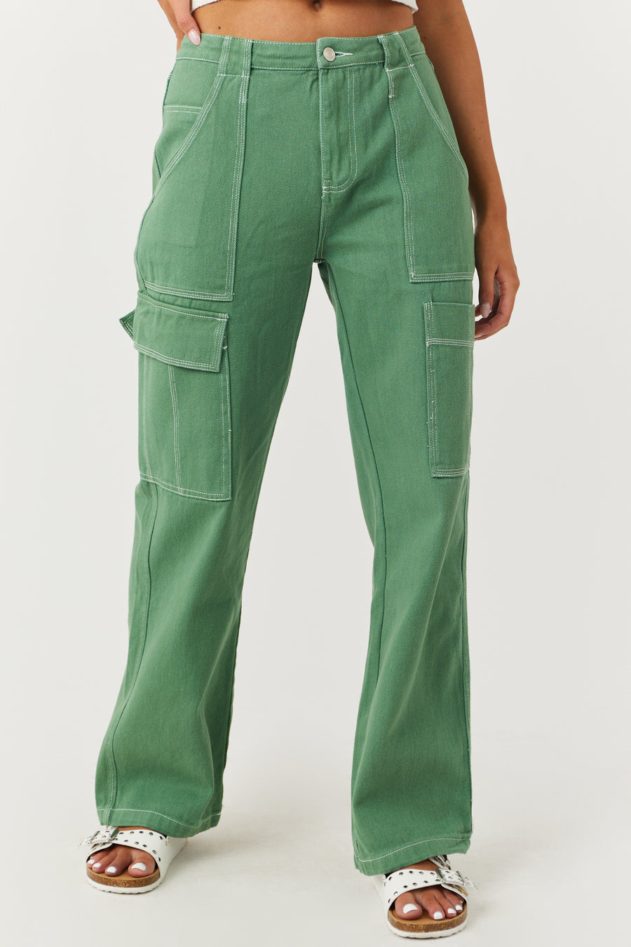 Dusty Olive Wide Leg Cargo Pants with White Stitching