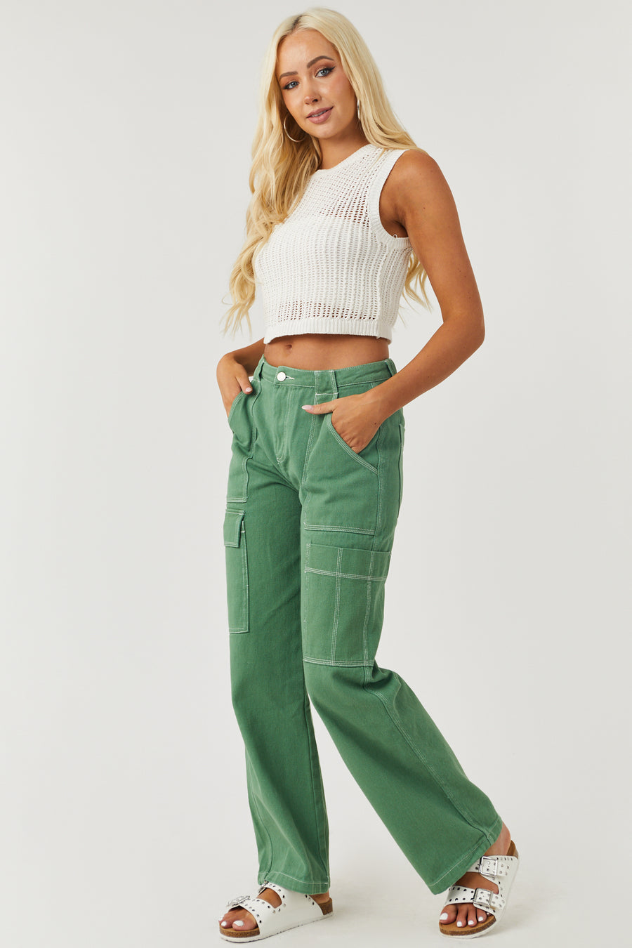 Dusty Olive Wide Leg Cargo Pants with White Stitching