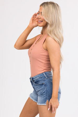 Dusty Peach Sleeveless Ribbed Knit Bodysuit