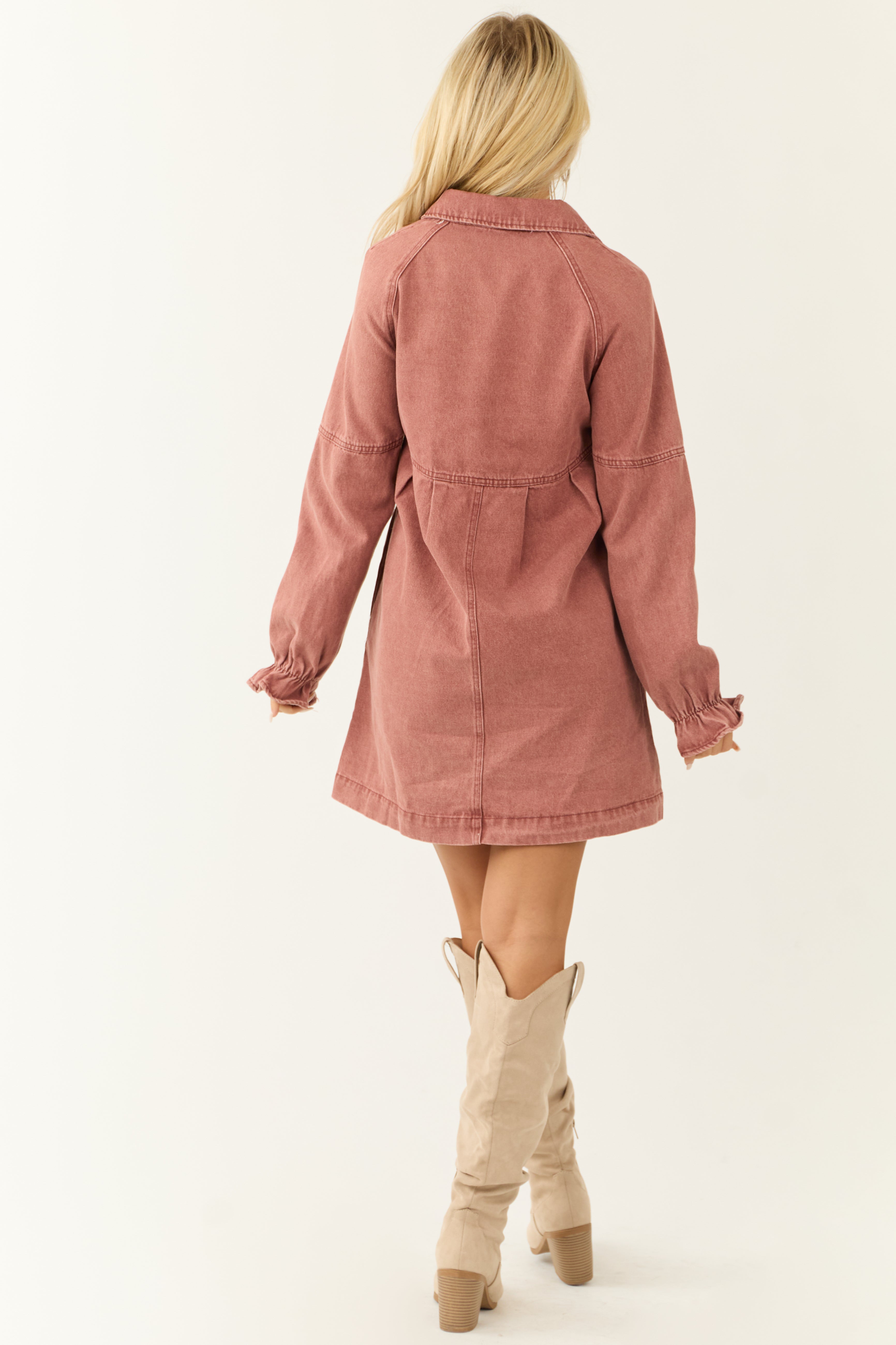 Dusty Rose Denim Button Down Shirt Short Dress