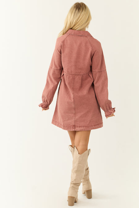 Dusty Rose Denim Button Down Shirt Short Dress