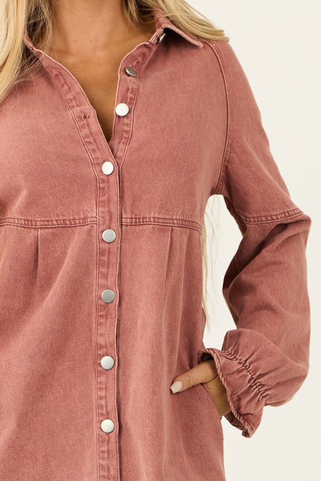 Dusty Rose Denim Button Down Shirt Short Dress