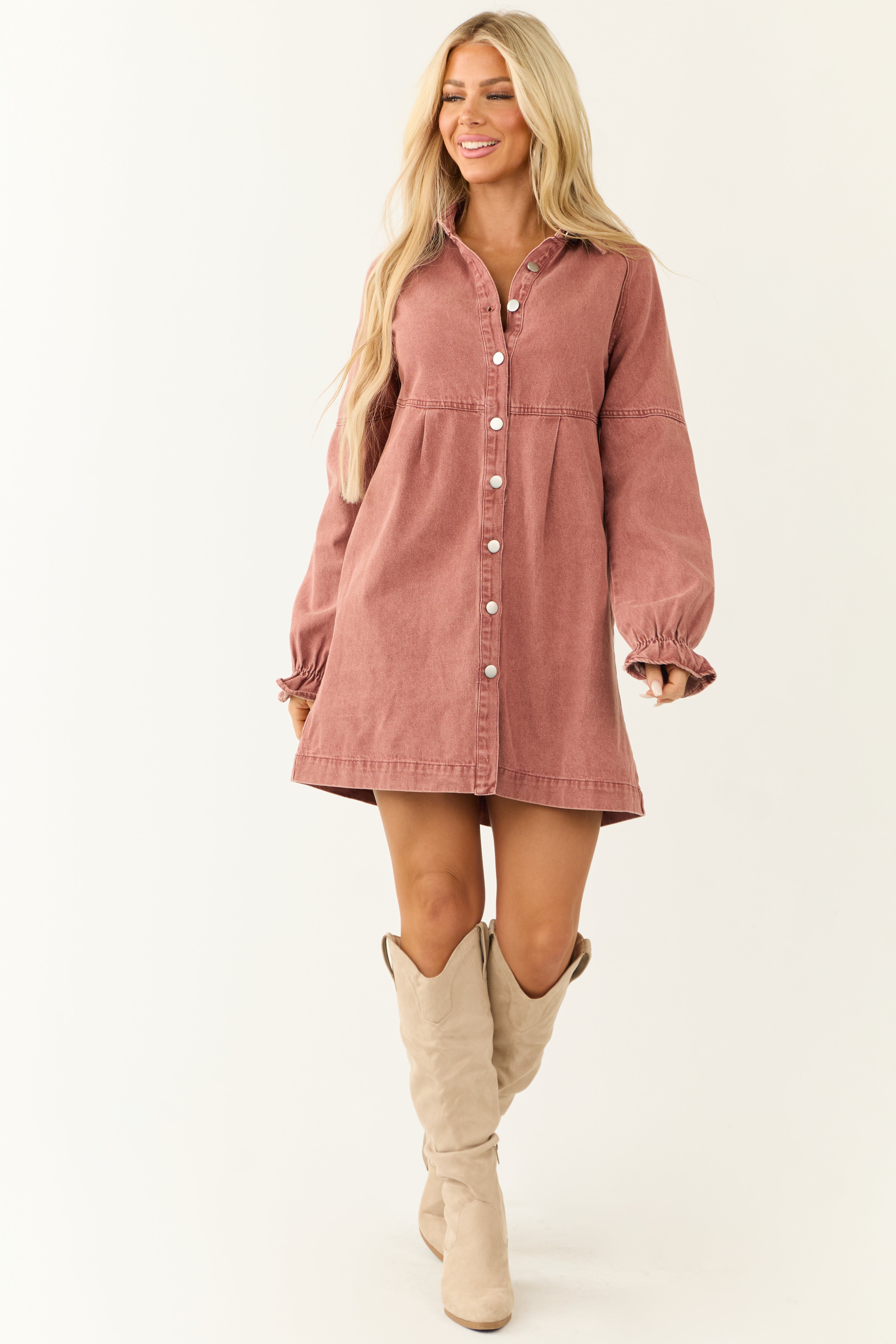 Dusty Rose Denim Button Down Shirt Short Dress