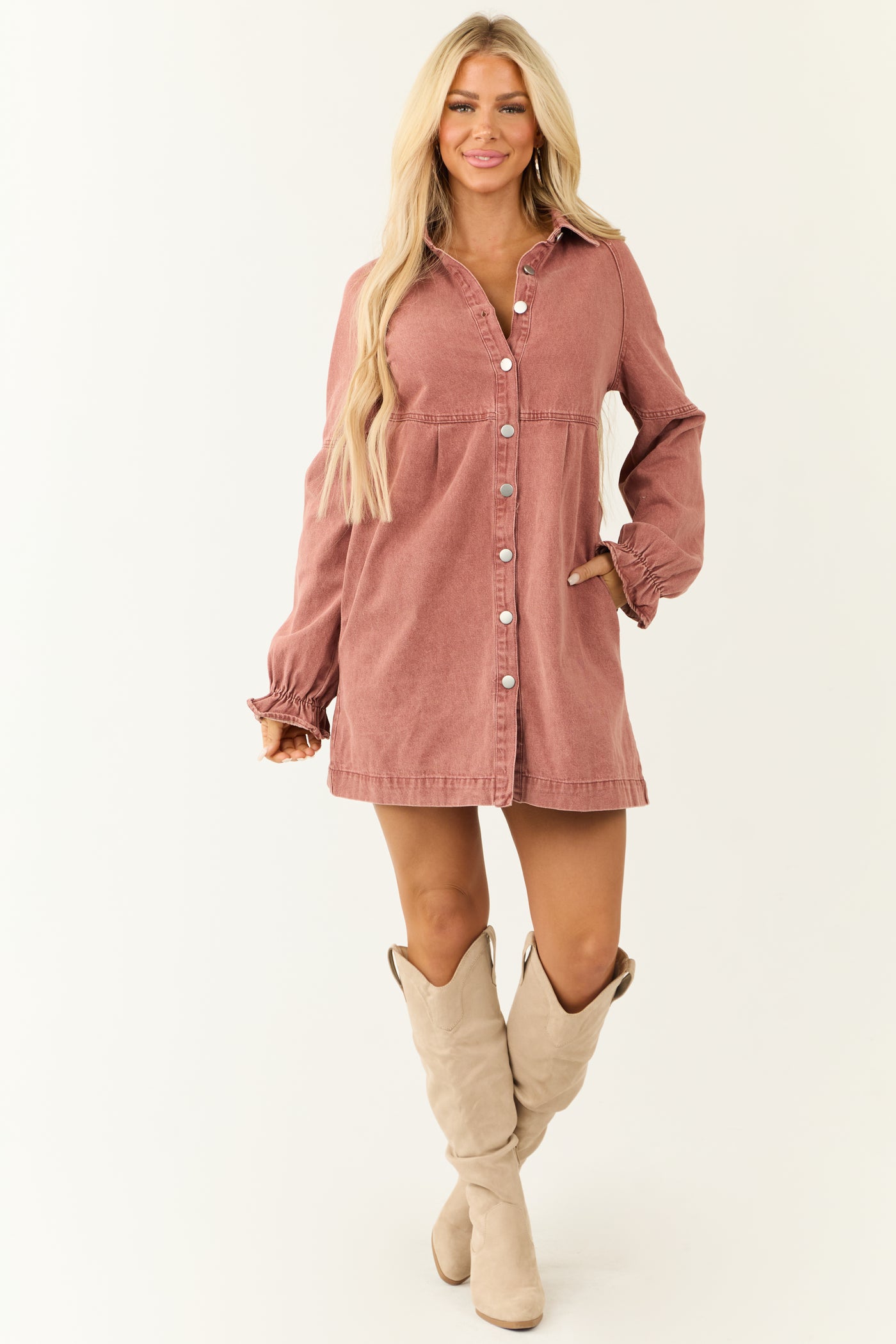 Dusty Rose Denim Button Down Shirt Short Dress