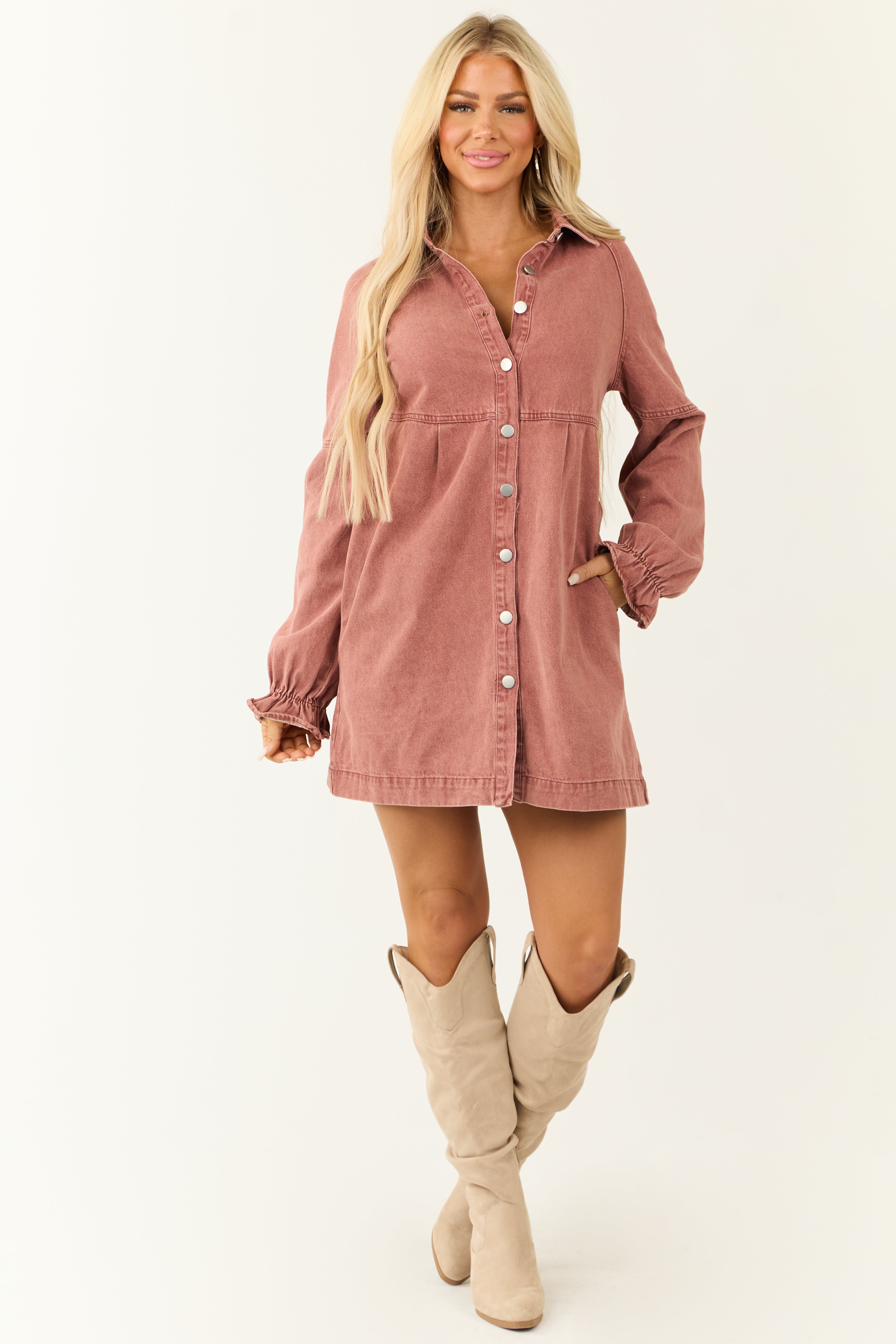 Dusty Rose Denim Button Down Shirt Short Dress