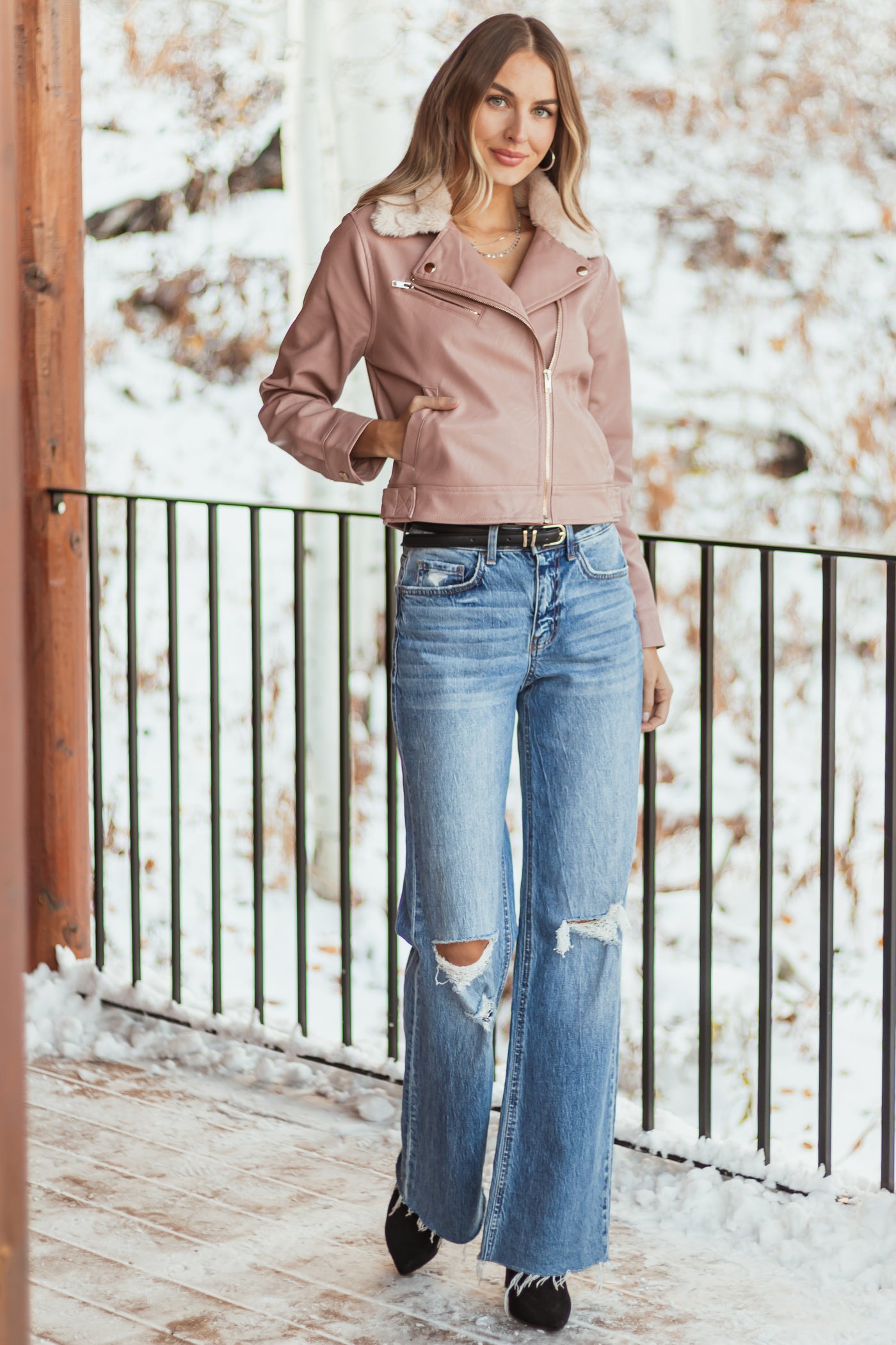 Dusty Rose Faux Leather Biker Jacket